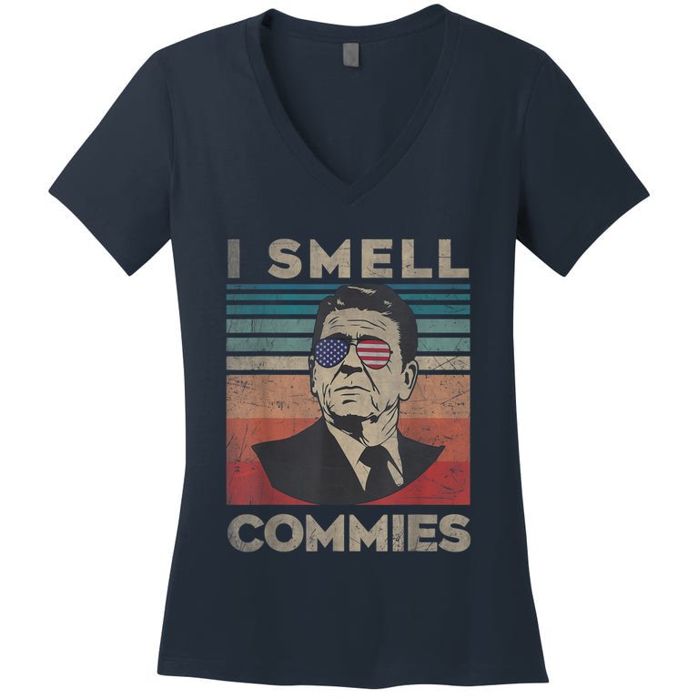 Vintage Distressed, Retro Reagan President I Smell Commies Women's V-Neck T-Shirt