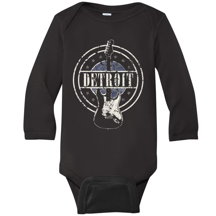 Vintage Detroit Souvenir Rock And Roll Guitar Player Baby Long Sleeve Bodysuit