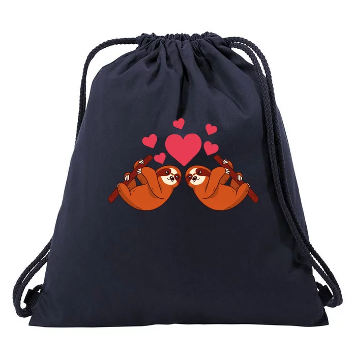 Valentines Day Sloth Love Couple On Tree Branches Hearts Fan Gift Drawstring Bag