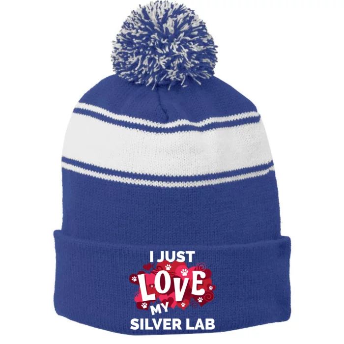 Valentine's Day Silver Lab Labrador Dog Love Gift Stripe Pom Pom Beanie