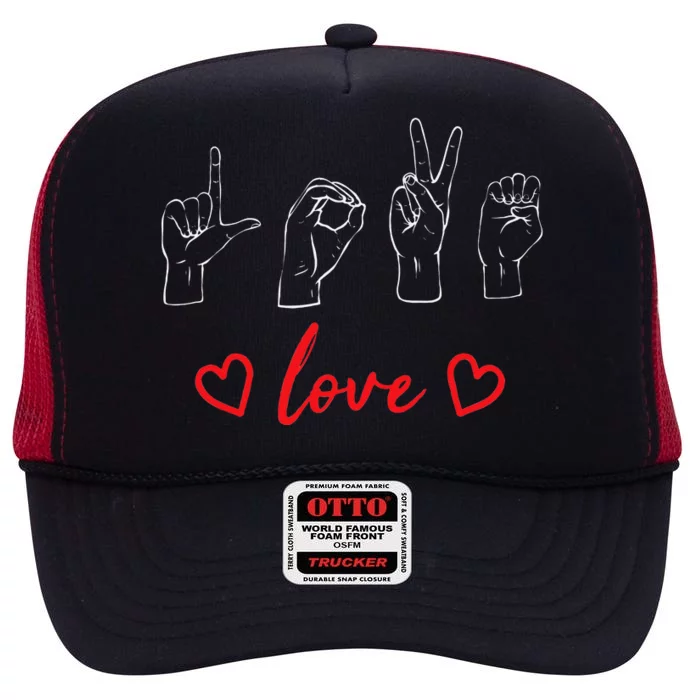 Valentine's Day Sign Language Love Finger Spelling ASL High Crown Mesh Trucker Hat