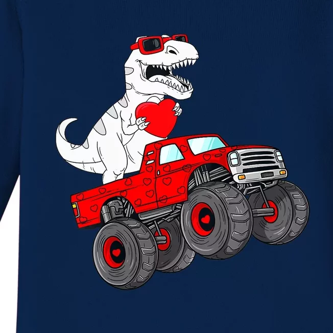 Valentines Day T Rex Riding Monster Truck Funny Toddler Boys Baby Long Sleeve Bodysuit