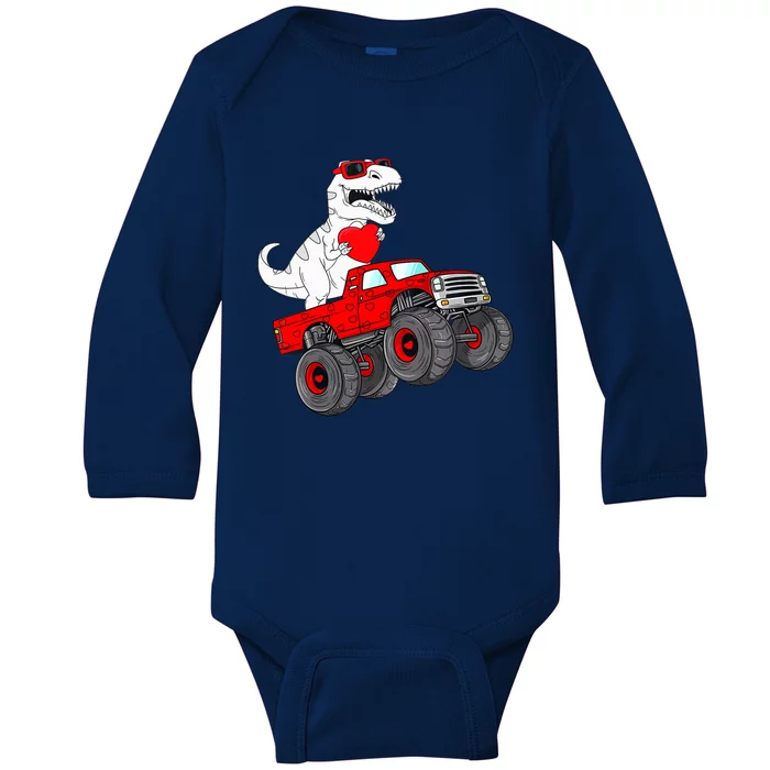 Valentines Day T Rex Riding Monster Truck Funny Toddler Boys Baby Long Sleeve Bodysuit