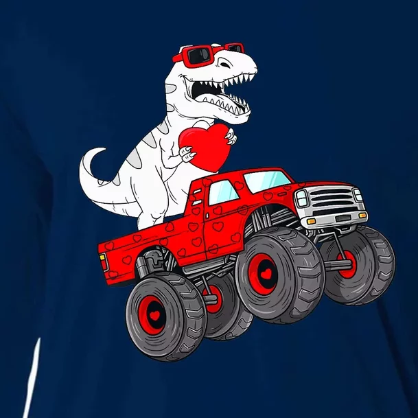 Valentines Day T Rex Riding Monster Truck Funny Toddler Boys Cooling Performance Long Sleeve Crew