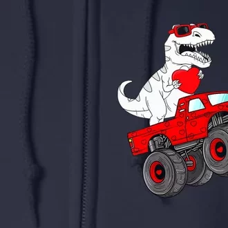 Valentines Day T Rex Riding Monster Truck Funny Toddler Boys Full Zip Hoodie