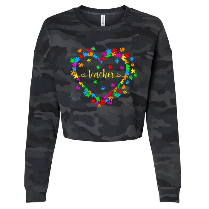 Valentines Day Teacher Autism awareness 100 days Heart Cropped Pullover Crew