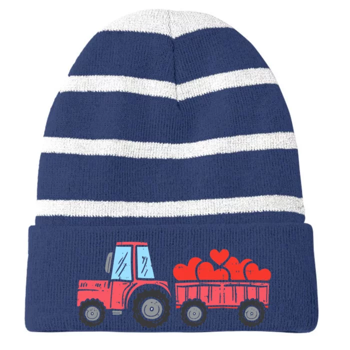 Valentines Day Tractor Truck Hearts Farm Striped Beanie with Solid Band