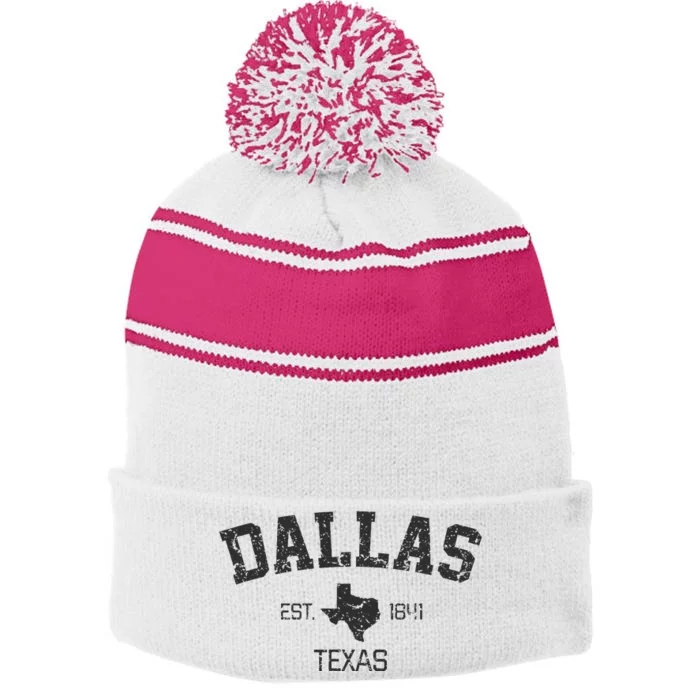 Vintage Dallas Texas Est. 1841 Souvenir Stripe Pom Pom Beanie