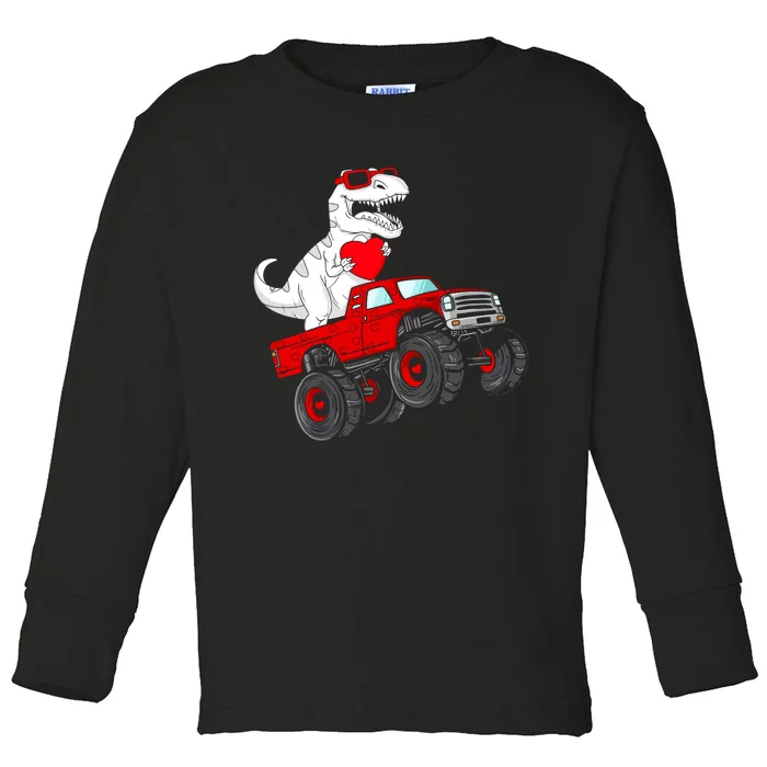 Valentines Day T Rex Riding Monster Truck Funny Toddler Long Sleeve Shirt