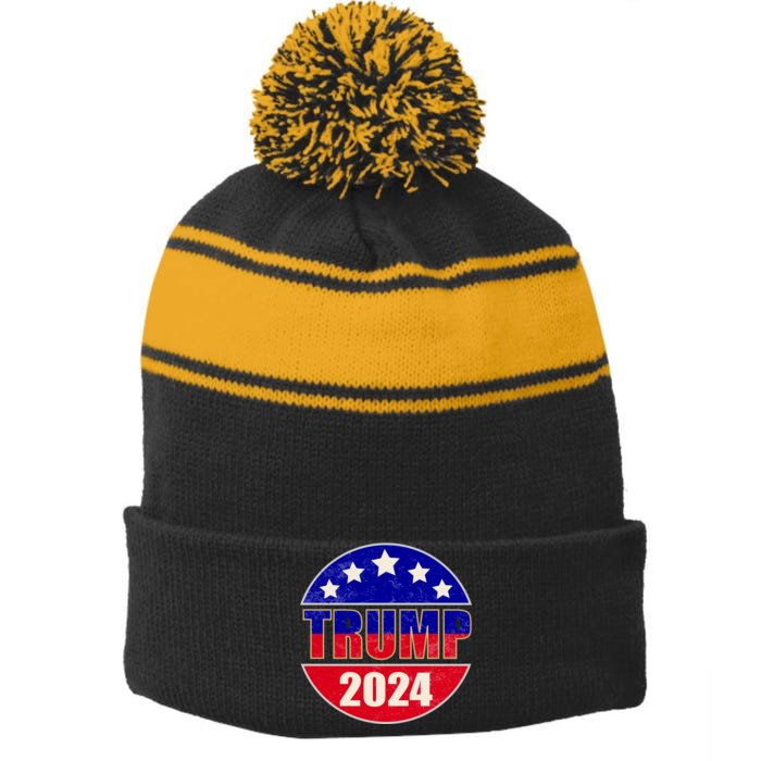 Vintage Donald Trump 2024 Front And Back Crest Front & Back Stripe Pom Pom Beanie