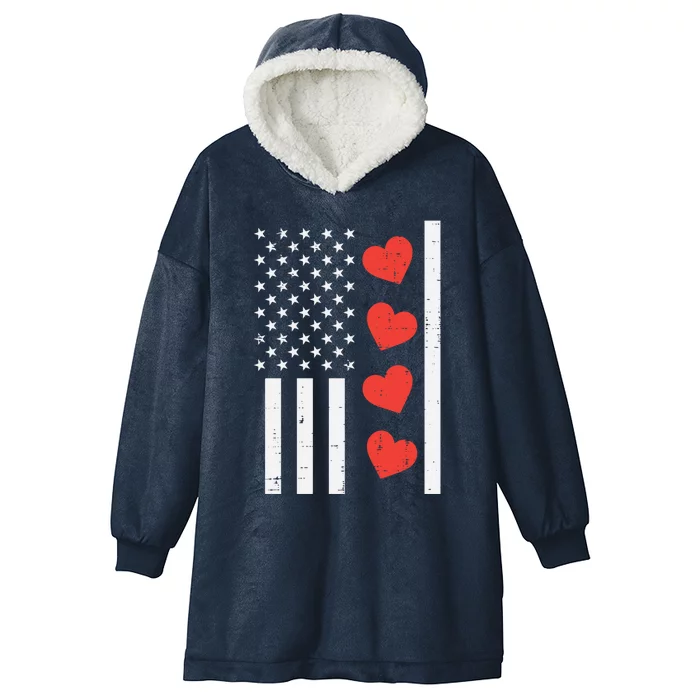 Valentines Day Us Flag Hearts Vintage Patriot Gift Hooded Wearable Blanket