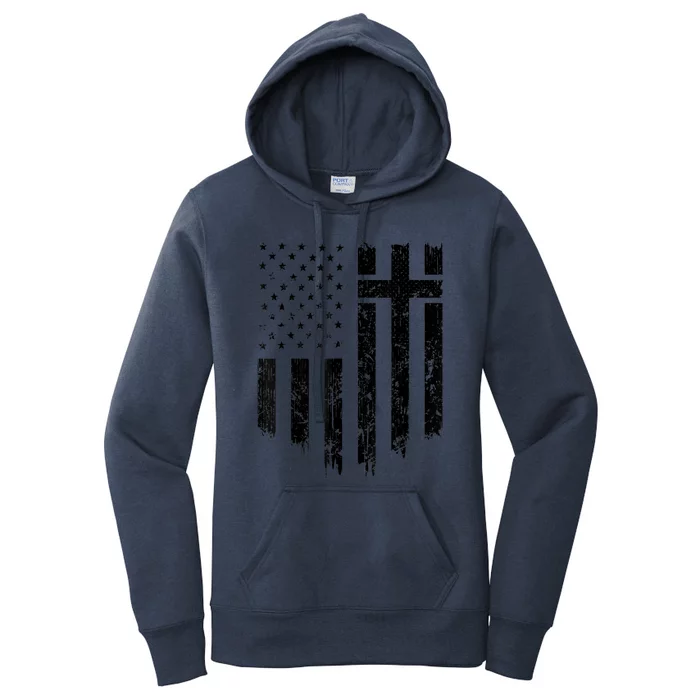 Vintage Distressed USA Flag Cross Christian Faith Gift Women's Pullover Hoodie