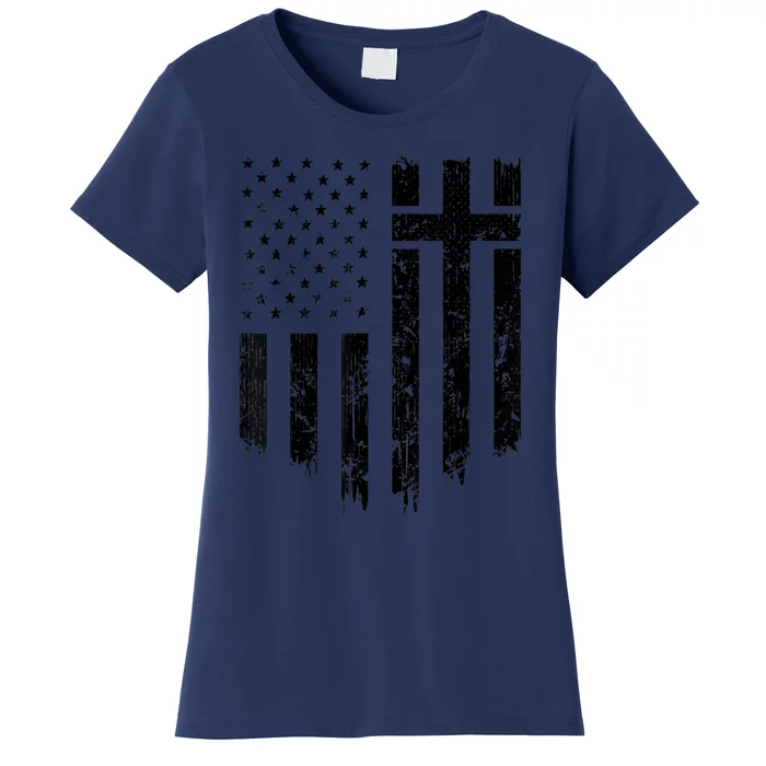 Vintage Distressed USA Flag Cross Christian Faith Gift Women's T-Shirt