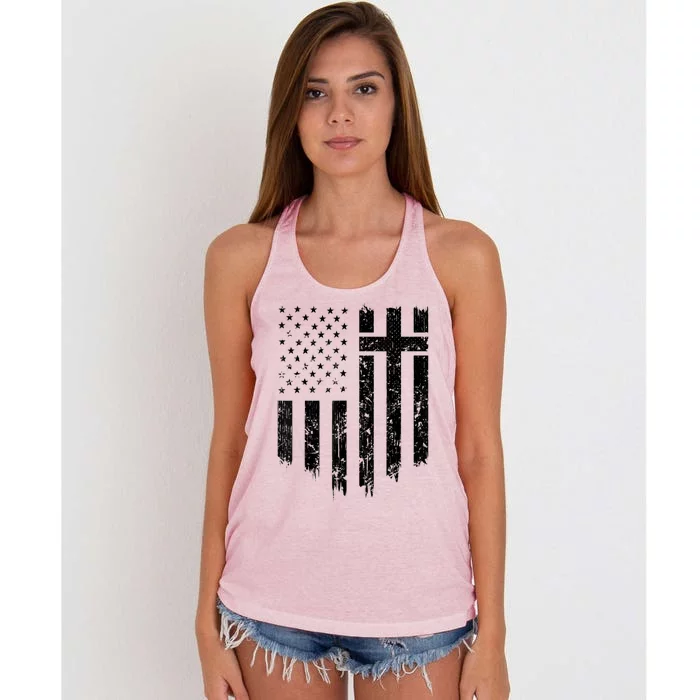 Vintage Distressed USA Flag Cross Christian Faith Gift Women's Knotted Racerback Tank