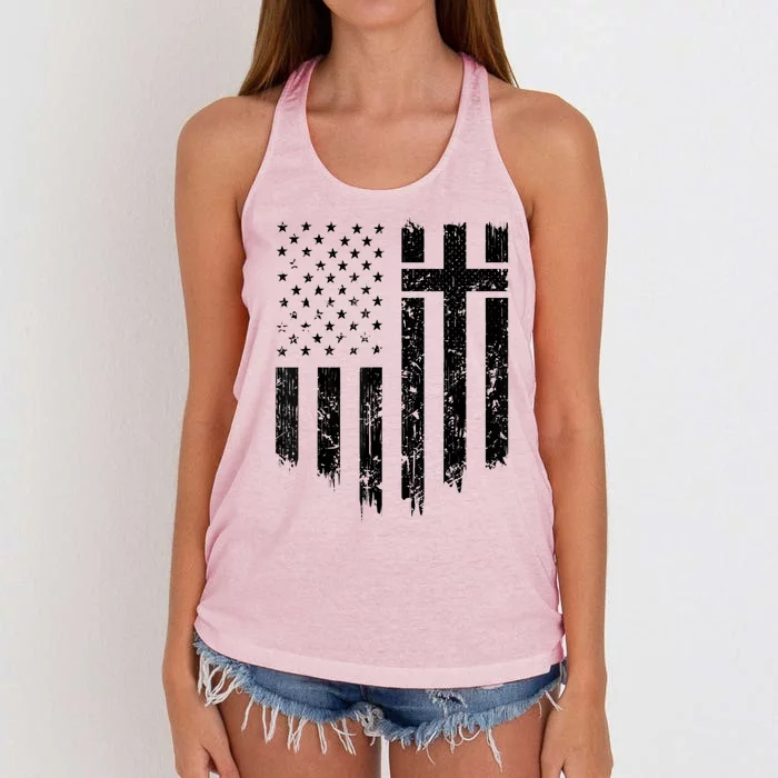 Vintage Distressed USA Flag Cross Christian Faith Gift Women's Knotted Racerback Tank