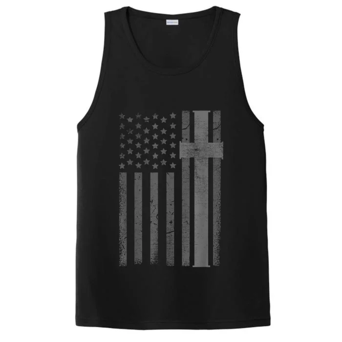 Vintage Distressed USA Flag Cross Christian Faith Gift Performance Tank