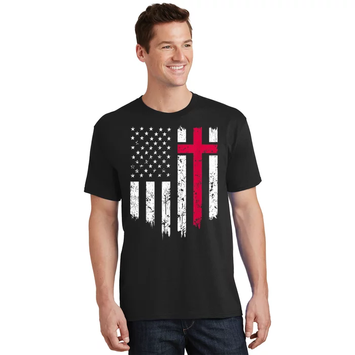 Vintage Distressed USA Flag Cross Christian Faith Gift T-Shirt