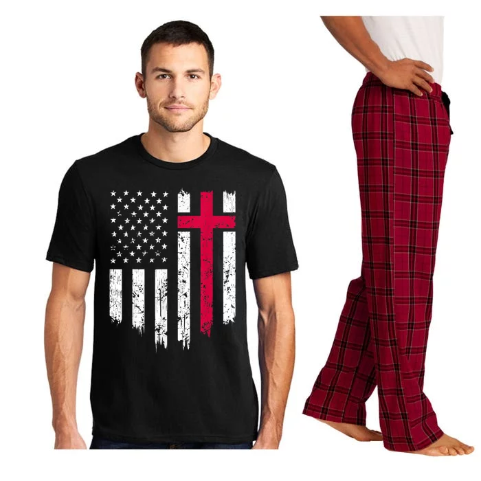 Vintage Distressed USA Flag Cross Christian Faith Gift Pajama Set