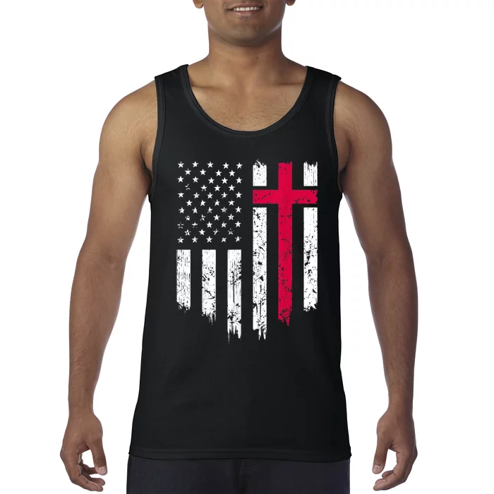 Vintage Distressed USA Flag Cross Christian Faith Gift Tank Top