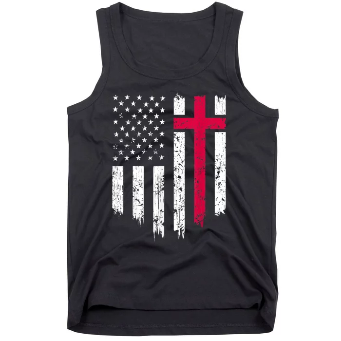 Vintage Distressed USA Flag Cross Christian Faith Gift Tank Top