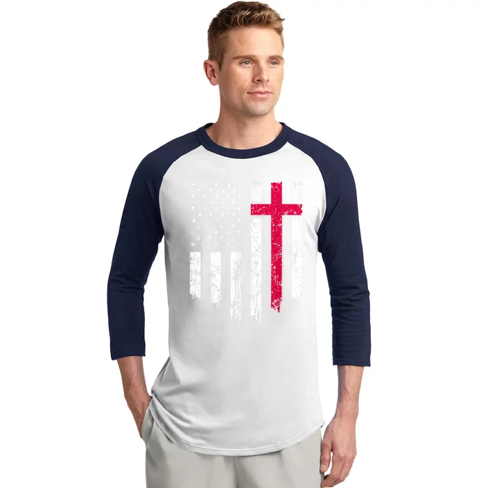 Vintage Distressed USA Flag Cross Christian Faith Gift Baseball Sleeve Shirt