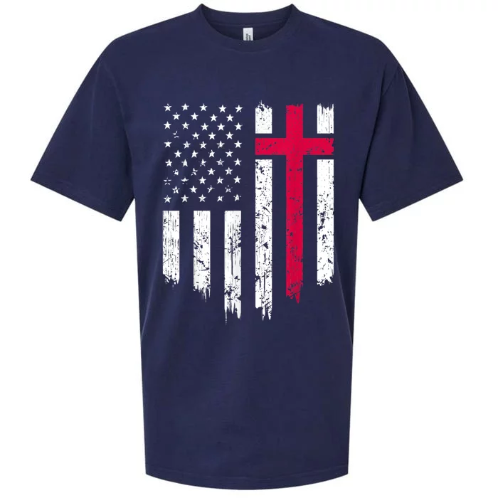 Vintage Distressed USA Flag Cross Christian Faith Gift Sueded Cloud Jersey T-Shirt