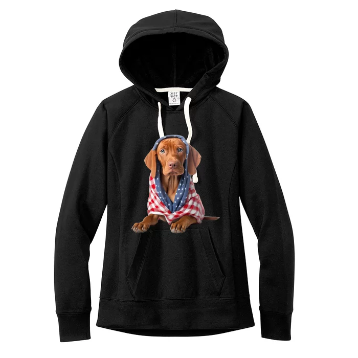 Vizsla Dog USA Flag American Patriotic Dogs 4th Of July Women's Fleece Hoodie