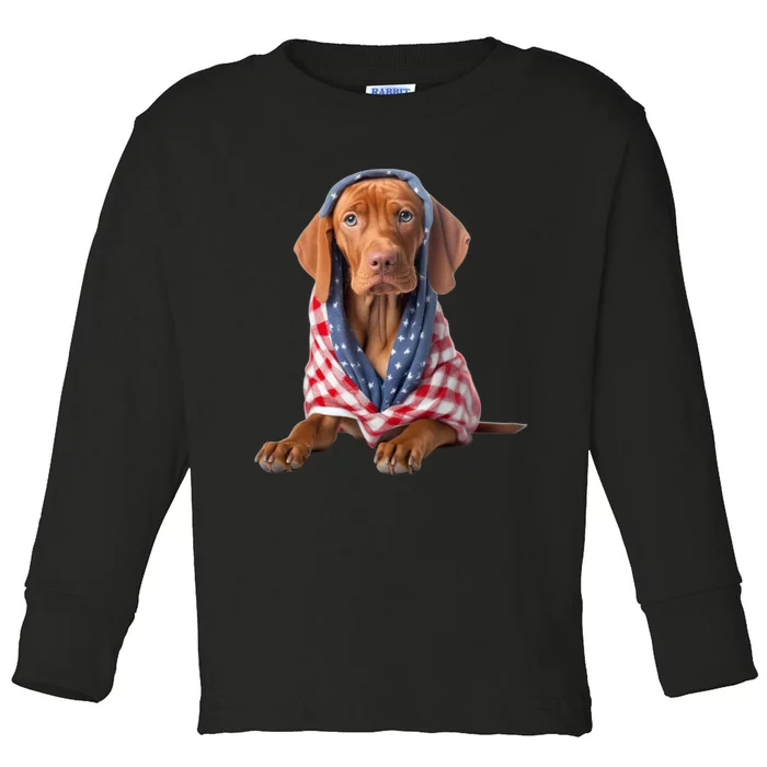 Vizsla Dog USA Flag American Patriotic Dogs 4th Of July Toddler Long Sleeve Shirt