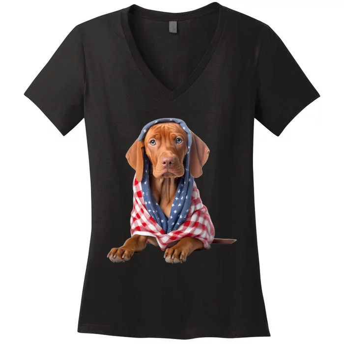 Vizsla Dog USA Flag American Patriotic Dogs 4th Of July Women's V-Neck T-Shirt