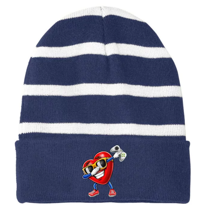 Valentines Day Video Game Dabbing Heart Gamer Gifts Striped Beanie with Solid Band