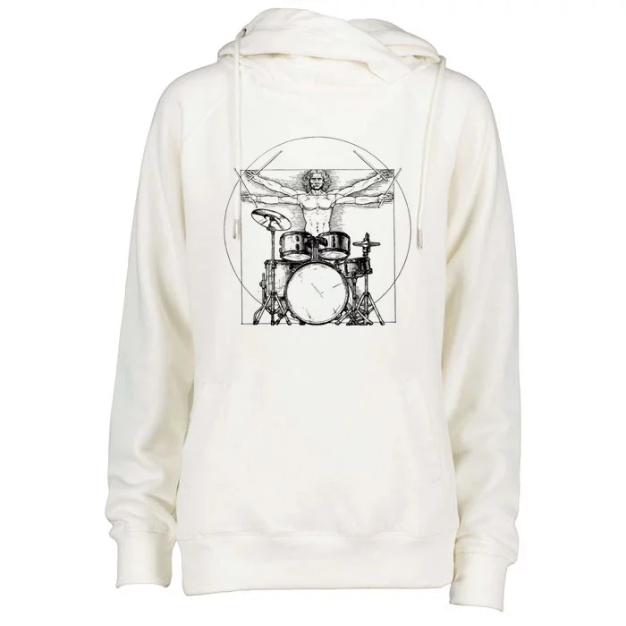 Vitruvian Drummer Vitruvian Man Drummer Drum Set Womens Funnel Neck Pullover Hood