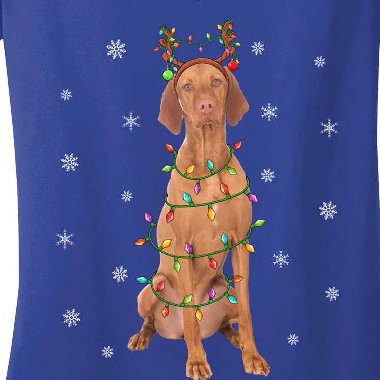 Vizsla Dog Xmas Lighting Reindeer Hat Vizsla Christmas Gift Women's V-Neck T-Shirt