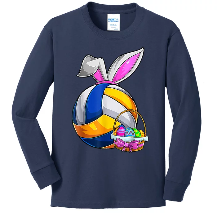 Volleyball Easter Bunny Ears Easter Eggs Hunting Basket Kids Long Sleeve Shirt