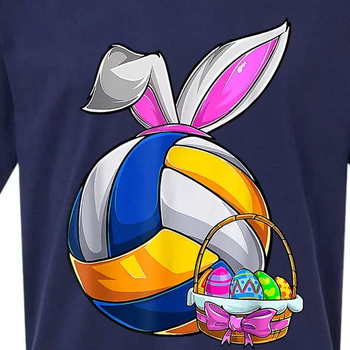 Volleyball Easter Bunny Ears Easter Eggs Hunting Basket Sueded Cloud Jersey T-Shirt