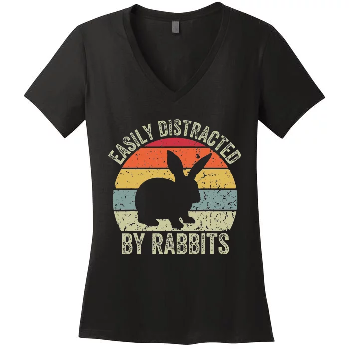 Vintage Easily Distracted By Rabbits Happy Easter Day Women's V-Neck T-Shirt