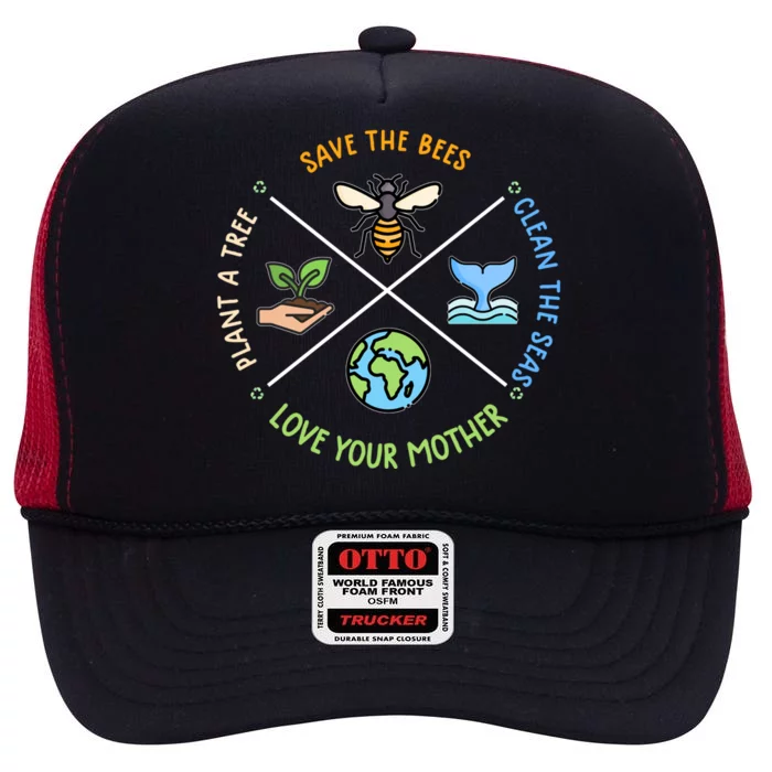 Vintage Earth Day Save Bees Plant More Trees Environt Cool Gift High Crown Mesh Trucker Hat