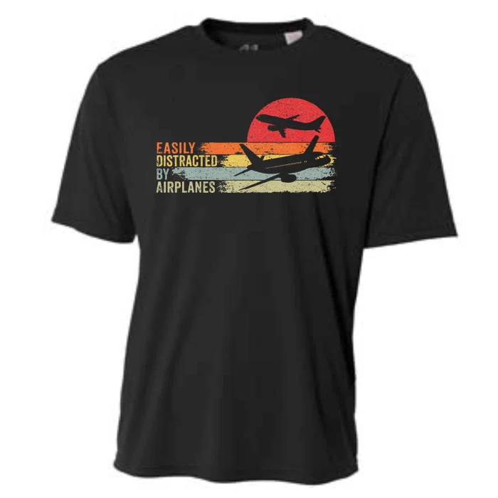 Vintage Easily Distracted By Airplanes Cooling Performance Crew T-Shirt