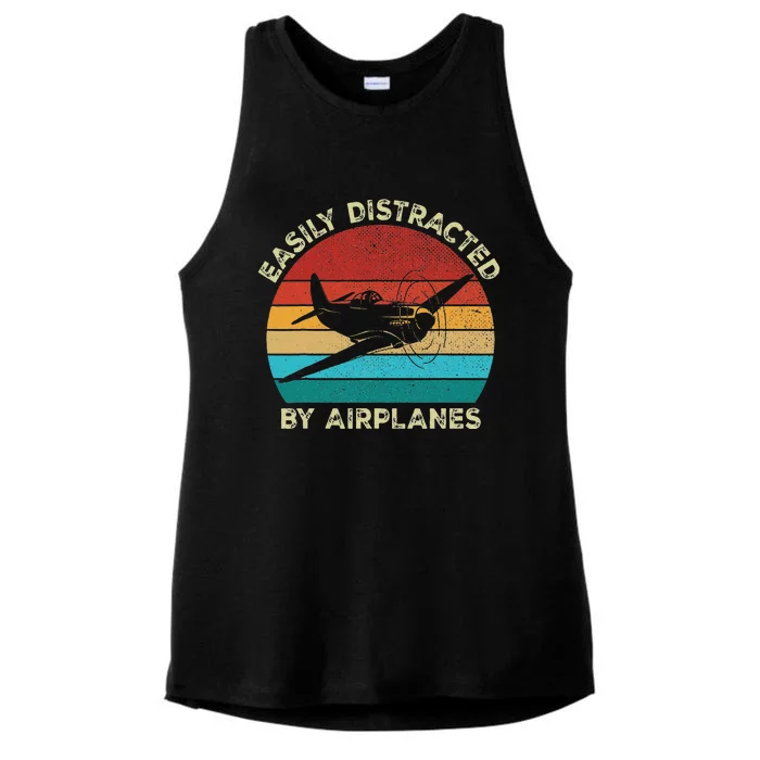 Vintage Easily Distracted by Airplanes For Airplane Lover Ladies Tri-Blend Wicking Tank