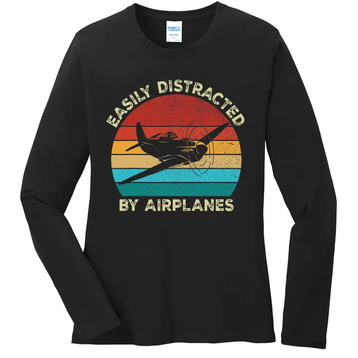 Vintage Easily Distracted by Airplanes For Airplane Lover Ladies Long Sleeve Shirt