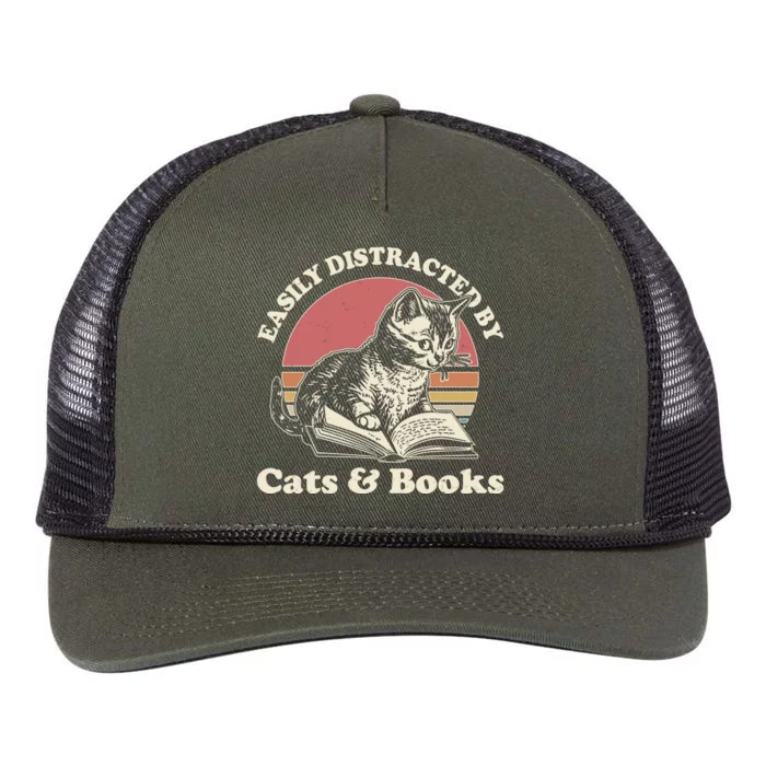 Vintage Easily Distracted By Cats And Books Retro Rope Trucker Hat Cap