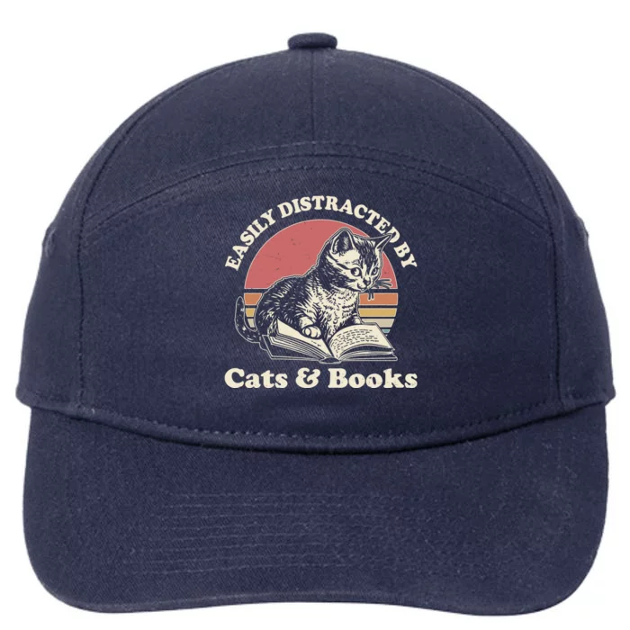 Vintage Easily Distracted By Cats And Books 7-Panel Snapback Hat