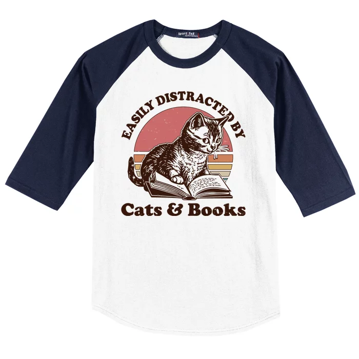 Vintage Easily Distracted By Cats And Books Baseball Sleeve Shirt