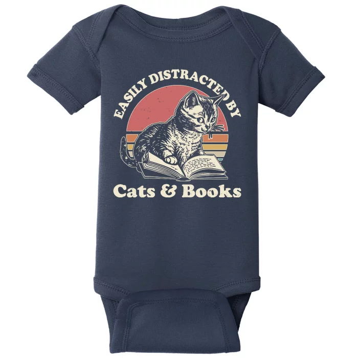 Vintage Easily Distracted By Cats And Books Baby Bodysuit