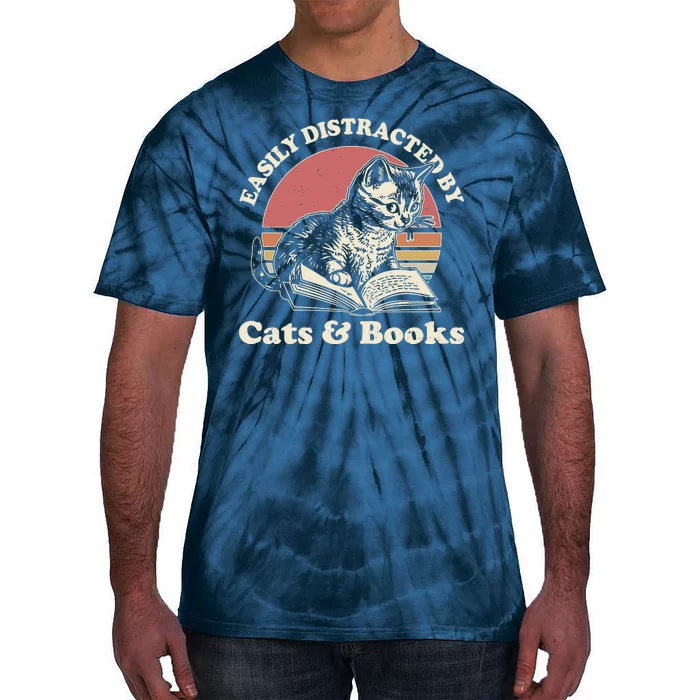 Vintage Easily Distracted By Cats And Books Tie-Dye T-Shirt