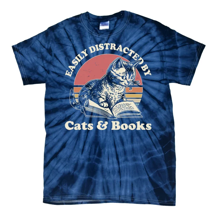 Vintage Easily Distracted By Cats And Books Tie-Dye T-Shirt