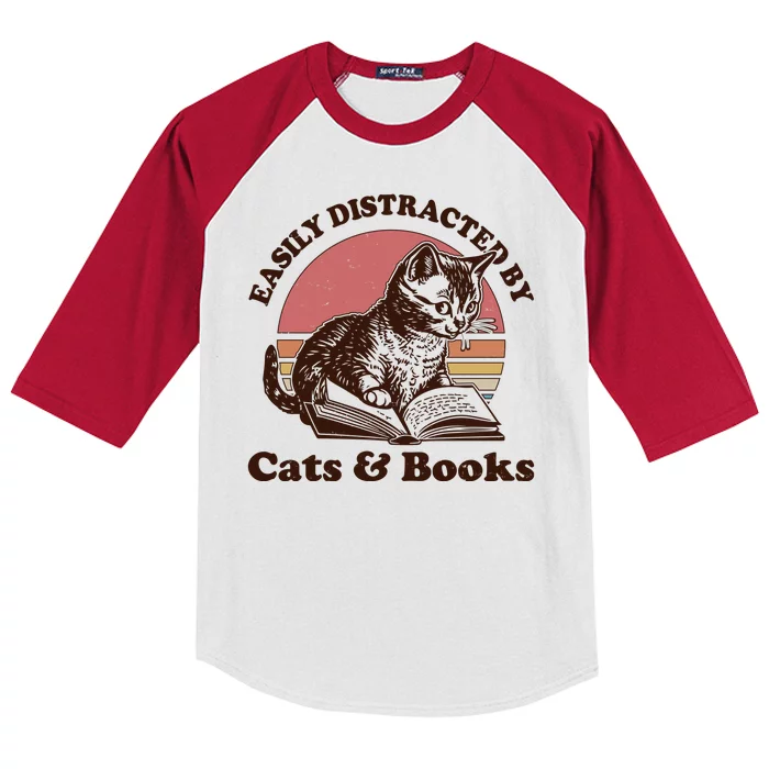 Vintage Easily Distracted By Cats And Books Kids Colorblock Raglan Jersey