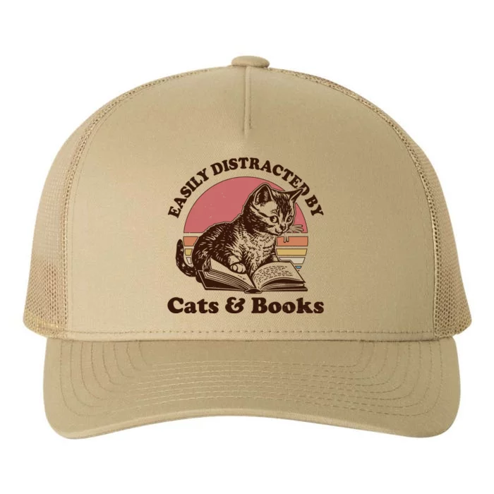 Vintage Easily Distracted By Cats And Books Yupoong Adult 5-Panel Trucker Hat