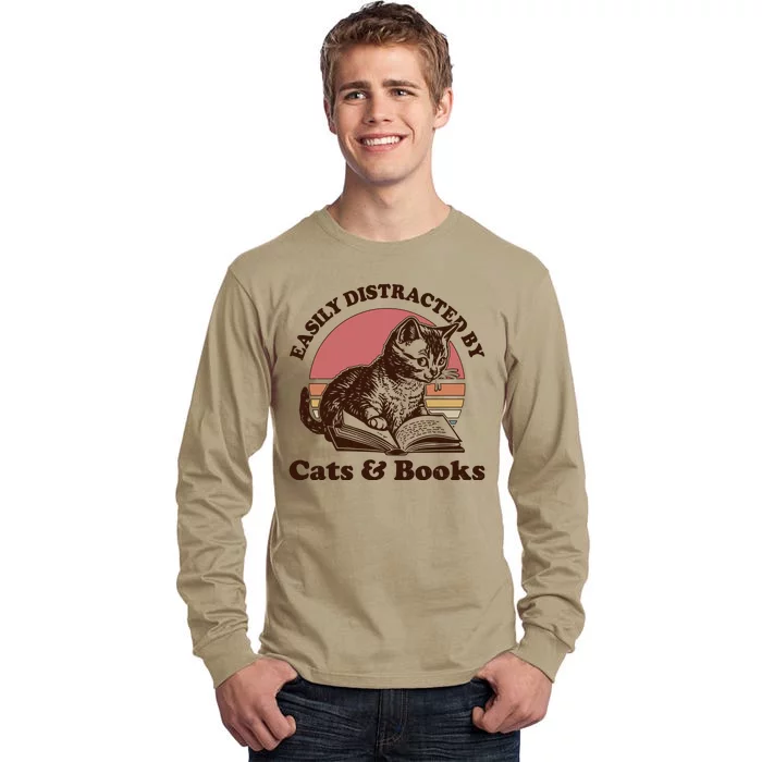 Vintage Easily Distracted By Cats And Books Tall Long Sleeve T-Shirt