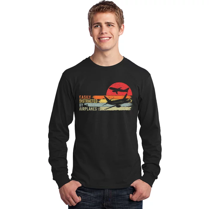 Vintage Easily Distracted By Airplanes Long Sleeve Shirt