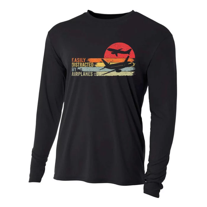 Vintage Easily Distracted By Airplanes Cooling Performance Long Sleeve Crew